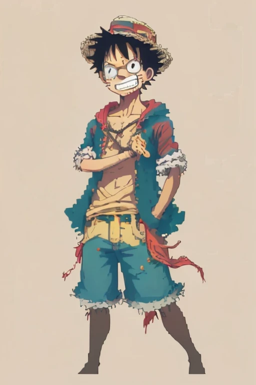 Create an image of Monkey D. Luffy, the protagonist of "One Piece." He is a 19-year-old pirate captain with a lean, muscular build, lightly tanned skin, and messy black hair. His expressive black eyes should convey his cheerful and carefree nature. Luffy is wearing his iconic wide-brimmed straw hat with a red band, a red open-buttoned vest or sleeveless shirt, blue knee-length shorts with a frayed hem, and simple brown sandals. He has a yellow sash tied around his waist and a distinctive scar under his left eye.
