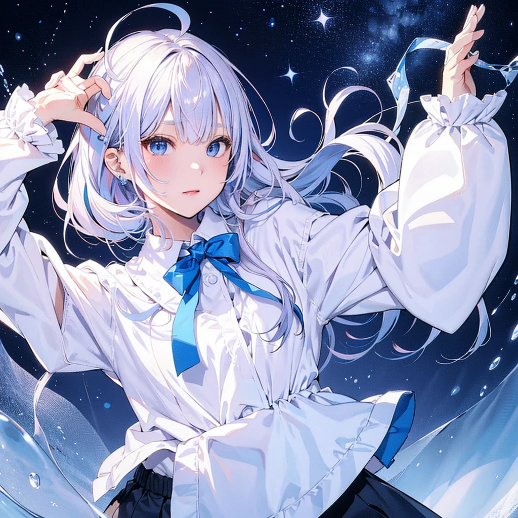 Anime girl, , , unusual skirt and hair, unusual eyes, white small and transparent panties, bottom view, View under the skirt, panties under the skirt, You can see a small vagina through your panties, shy, blushes, gets an orgasm, all her panties were wet, finger masturbates