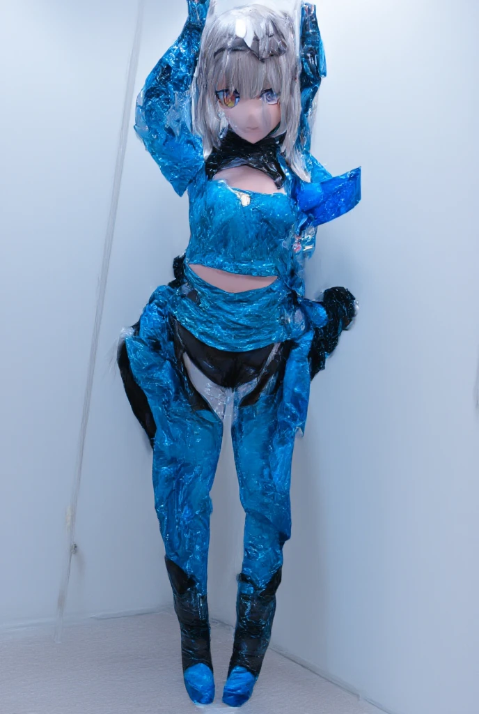 Anime illustration style, light blue hair, long hair, large eyes, small mouth, cute face, 16-year-old cute girl, occupation: prostitute, clothing: navy blue hooded robe, hood not on, background: prison, weapon: bow, full body image using fire magic