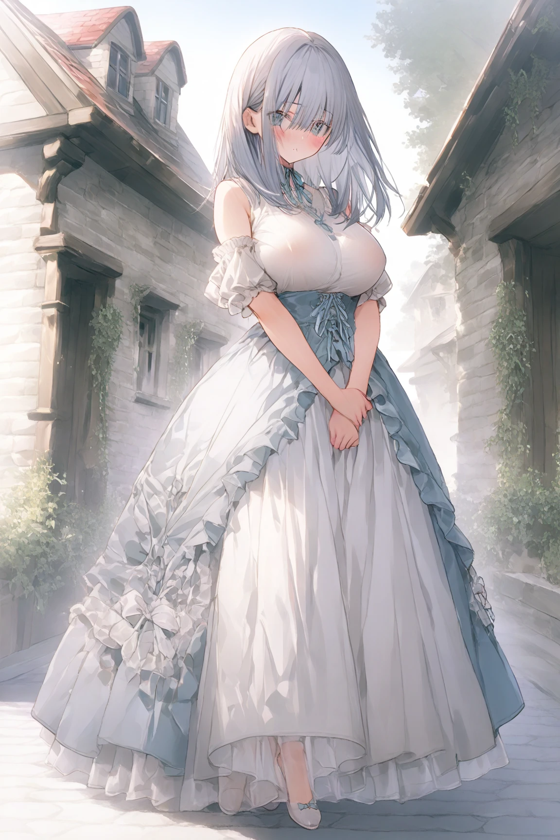 woman with a detailed face,big breasts, dressed in a long dress, full body, detailed eyes, long eyelashes, shining, background is an old town