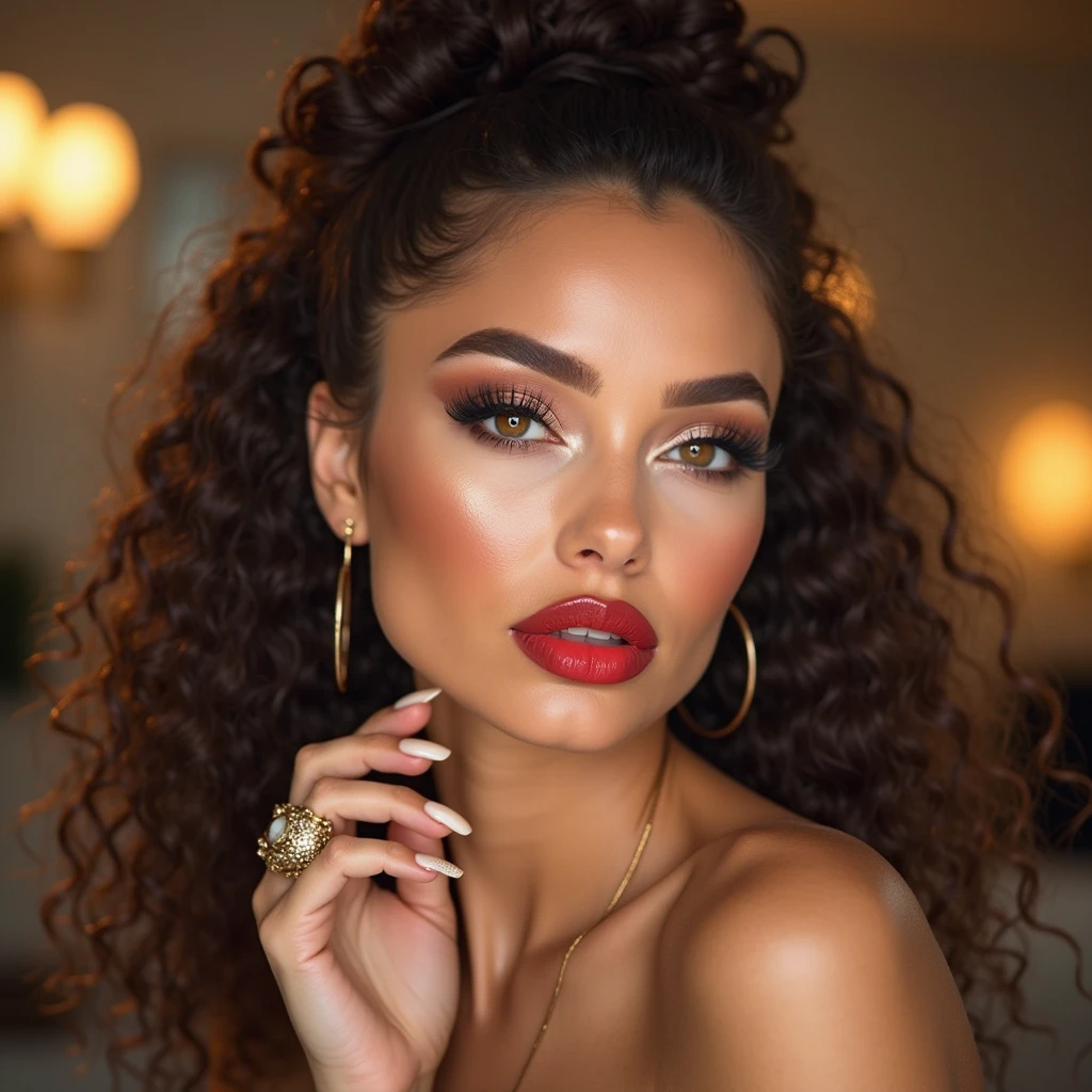 Bela mulher latina de pele bronzeada, cabelo comprido ondulado, thick lips, big eyelashes, seios grandes e rabo grande, posando nua, mostrando seu corpo de perfil, com as curvas do seus seios, cintura e rabo, na porta do banheiro do seu quarto
