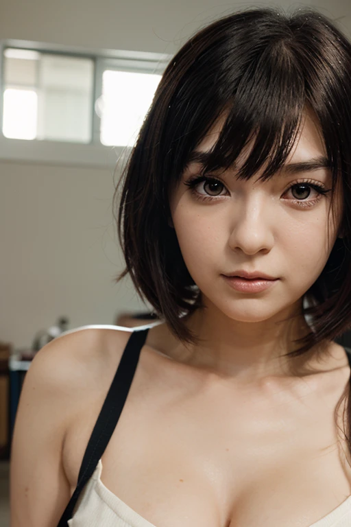 Wolf cut hair anime girl, black hair, brown eyes and medium skin