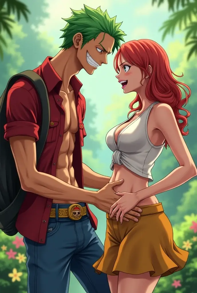 Zoro from one piece is tickling a girl stomach 