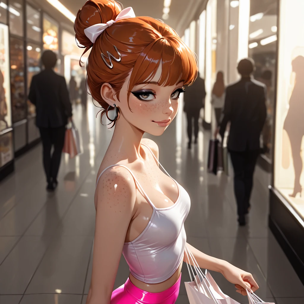 Girl sitting on pool seat, fair skin, delicate face, medium, new pop portrait, fashion illustration, toy core, colorful street scene, realistic, cartoon style rendering, made by Pop Mart: pastel color, blind box toy, fine gloss, clean background, C4D, blender, 3d rendering. Octane rendering.