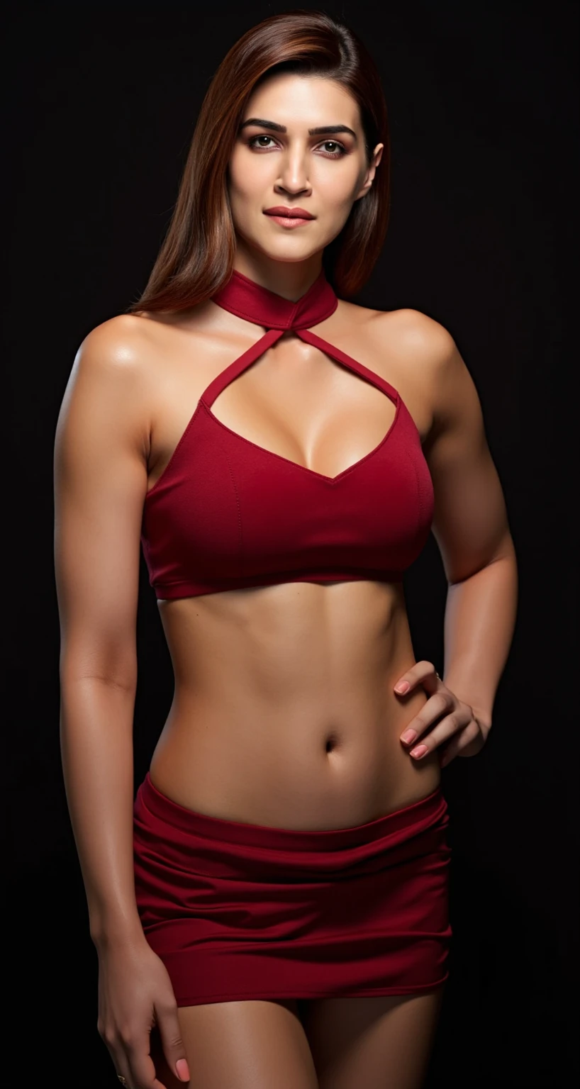 sexy beautiful female superheroine . dark brown hair brown eyes wears a black crop top with a red stripe in the middle and an opening on the chest . wears black shorts, die in der Mitte rot sind, with the addition of fishnet stockings. Wears black boots with a pink outline, She holds a pair of electric Escrima sticks in her hand Portrait photography by Artgerm, im Stil des Realismus, Glitzernde Haut, , natural lightting, Definierte, volle Lippen. Muscular fitness of female body