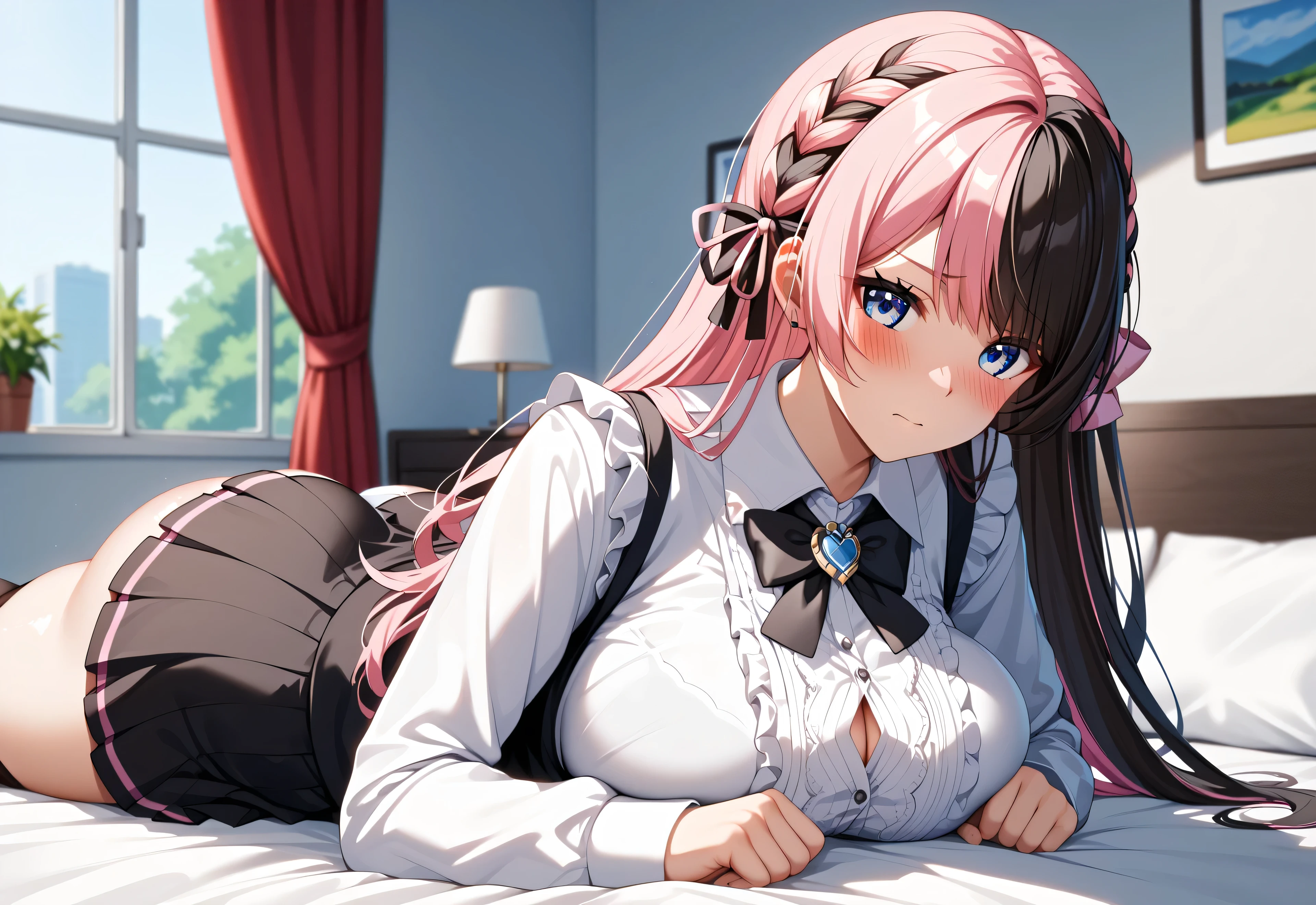 master piece,Best Quality,Super detailed,High resolution,Extremely detailed CG,Unity 8K Wallpaper,weat,score_9, score_8_up, score_7_up, score_6_up, score_5_up, score_4_up, source_anime,TachibanaHinano,blue eyes, two-tone hair, long hair, french braid, hair bow、HinanoBase, (two-tone hair), long hair, french braid, hair bow, black bowtie, brooch, frilled shirt, white shirt, long sleeves, black skirt, suspender skirt,mini skirt,mature female,professional quality, nsfw、large breasts 、bed room,panties、embarrassed、(impossible clothes),big butt,bubble butt,breast press