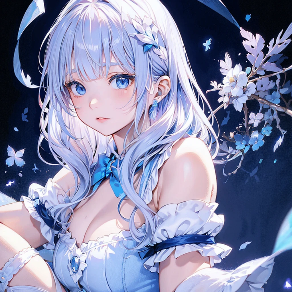 Aim from above、official art, European masterpiece women,, pale silver hair , deep blue eyes, (masterpiece、highest quality、High resolution: 1.4),In 8K, anime art nouveau, Highly detailed exquisite fan art, anime fantasy illustration, clean detailed anime art, detailed anime art, sharp focus of a person, Delicate Beautiful Hair and Eyes and Face, genuine, Super detailed, flower garden,(( delicate and cute hands)),((elegant shiny dress)),((Lots of races)),((lots of frills)),((lots of ribbons))