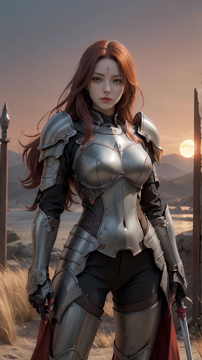 20-year-old female,Soft lighting, Strike a pose,Perfect face,Smile,Perfect body, Red hair,Feel free to hairstyle,Gorgeous Silver Armor,Narrow shoulders,Huge breasts, Wide hips