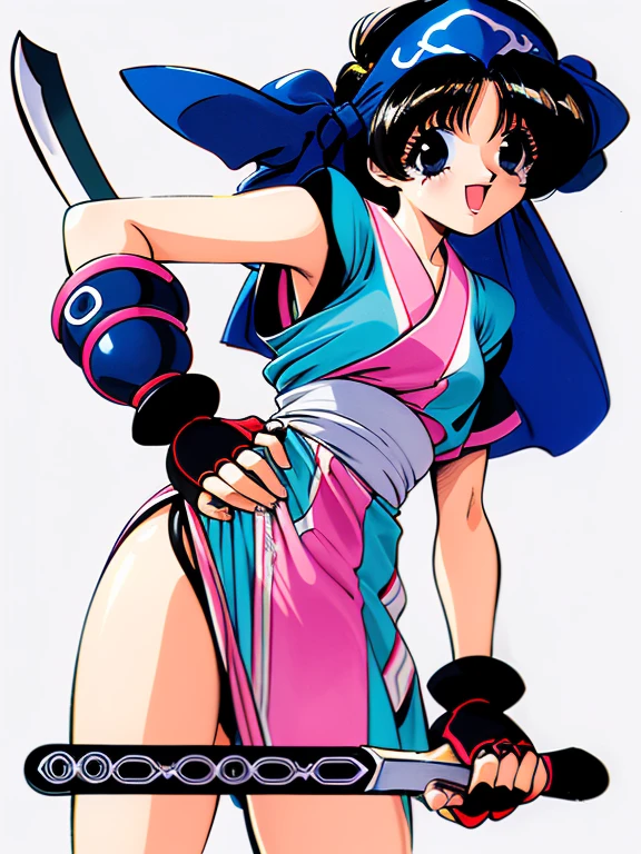 Elf Girl with a golden magic wand with a red orb on the tip in her right hand, roupa azul com detalhes brancos, cabelos loiros, cabelos longos, franjas, cabelo preso, olhos dourados, sorridente, boca aberta, de costas, looking behind, obi, obi rosa choque, mangas curtas bufantes azuis, mangas bufantes, mangas curtas, guizo pendurado acima dos seios, hat, jester cap azul com guisos dourados nas duas pontas, no-bra, seios grandes, decote, roupas reveladoras, mamilos cobertos, quadris nus, fio dental vermelho, luvas brancas, luvas brancas sem dedos, White-armed guards, sash rosa choque, blue pelvic curtain, large pink bow with a blue band at each end attached to the hips, olhando para o telespectador, Estilo de Masami Oobari, garota elfa, Studio Gainax Illustration, Studio Gainax Art, personagem original, fundo simples, fundo branco,