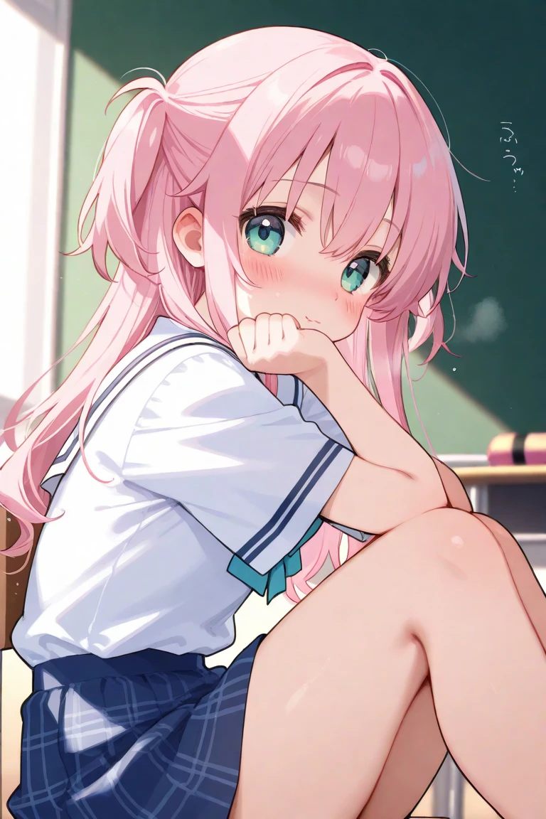 beautiful illustrations, highest quality, (12 year old girl:1.4)、(pretty girl:1.5)、、、flat chest、sailor collar、(White long tunic)、long sleeve sailor suit、Blue-line cuffs、(pink chino shorts:1.4)、(pink shorts with wide opening:1.2)、Gap between thigh and pants、slim thighs、white socks、 cinematic lighting, (pink long hair)、pink straight hair、redness of cheeks、(Braiding of the back of the head)