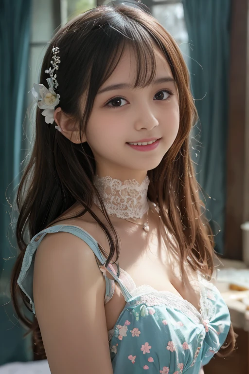 (Highest quality、masterpiece、8k、Best image quality、Hyperrealism、Award-winning works)、One ta girl、(alone:1.1)、(1 photo:1.1)、(Close-up of face:1.2)、(Cute and girly light pink ruffled open chest lolirincess dress:1.2)、Girly lace decoration、Cute frilly decoration、Cute wavy hair、(The perfect girly hairstyle:1.1)、(A perfect big bow on your head:1.1)、(Huge breasts that are too big:1.2)、(Huge cleavage:1.2)、(Cute heart symbol:1.1)、Lots of cute frills、Accentuate your body lines、Slender body、(Intricate Lolita rbackground with lots of pastel colored furniture:1.1)、(Light pink lolita dreamm:1.1)、(Lots of cute pastel-colored furniture:1.2)、(A cute light blue chest of drawers:1.2)、(Cute light blue desk:1.2)、(Cute light pink dressing table:1.3)、(Lots of cute furniture, Perfectly organized:1.1)、(Cute girly curtains in pastel colors:1.1)、(very bright and vivid:1.1)、(Beautiful walls with cute decorations in pastel colors:1.1)、Blurred Background、Standing gracefully in the center of the room、(Accurate anatomy:1.1)、Perfect Makeup、Long eyelashes、Glossy Lips、Ultra HD glossy skin、(Ultra-high resolution, bright and beautiful skin:1.2)、超高精細のGlossy Lips、Ultra-high resolution beautiful teeth、(Voluptuous body:1.1)、Cute heart symbol、wide々Stylish Lolita Room、(Rosse:1.1)、(Light pours in through the beautifully decorated windows.:1.1)
