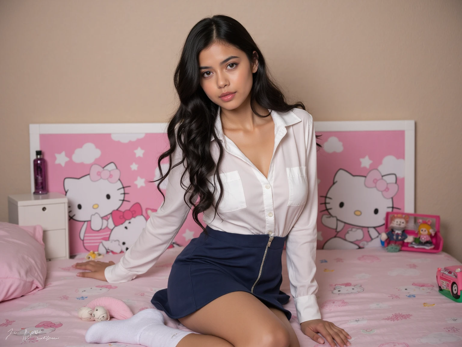 Selena Gomez wearing black stockings, red heels, plaid skirt, unbuttoned white dress shirt, ponytail, laying in bed
