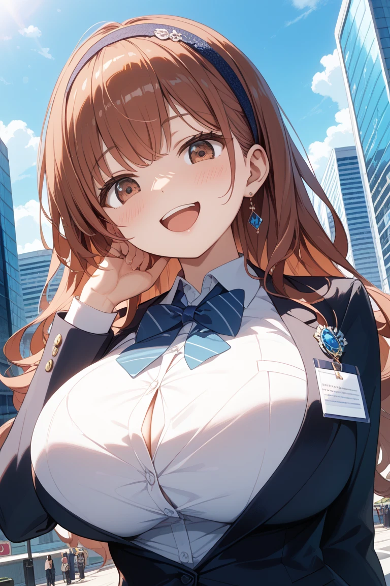 ((best quality)), ((masterpiece)), (detailed), anime girl in office uniform 25 years old, big breasts, neckline en un paisaje de una oficina lujosa, neckline, mini skirt, ((views)),((view from above))