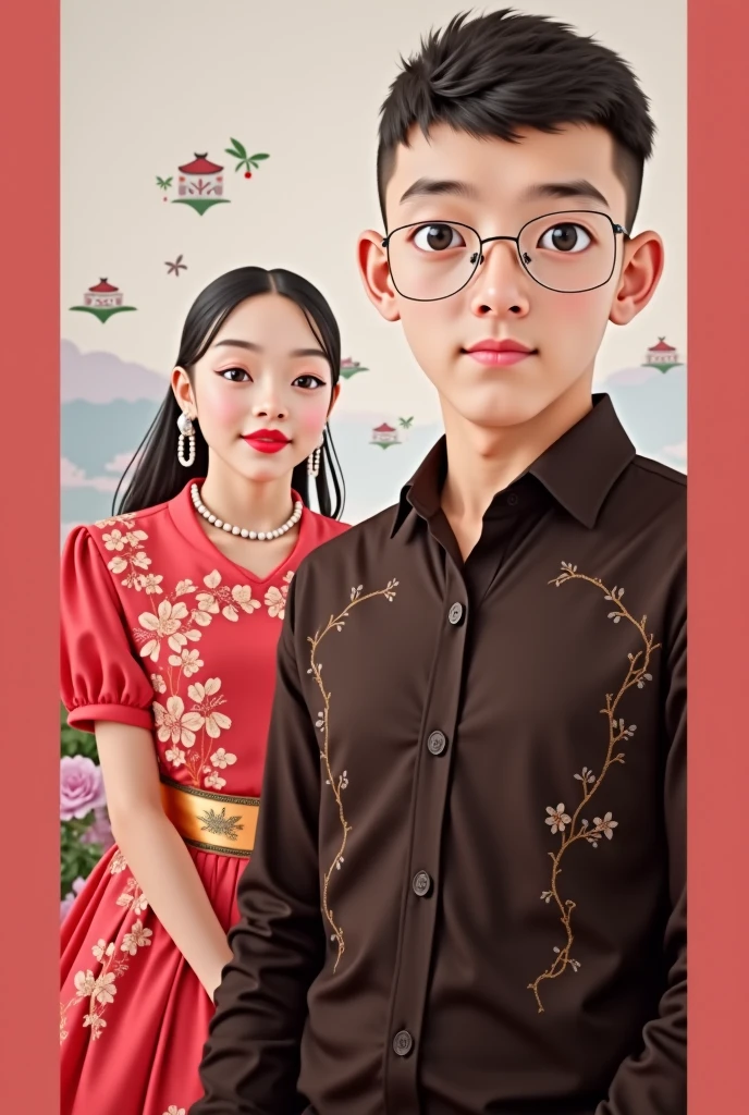 A boy dressed in black pants and a black T-shirt with gold decorations and a red belt and a girl dressed in a black T-shirt and pants and a short red skirt with gold decorations 