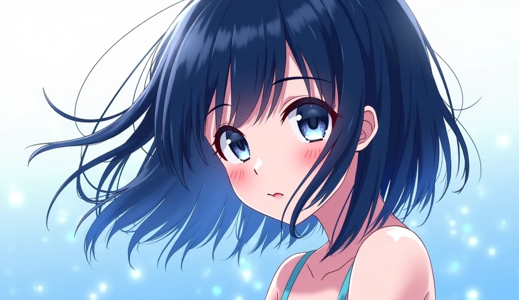 Masterpiece, Best quality, solo female, young girl, sister-like, blue eyes color, long ponytail hair, black color hair, flower hairpin, frontal photo, anime, illustration, full body, naked