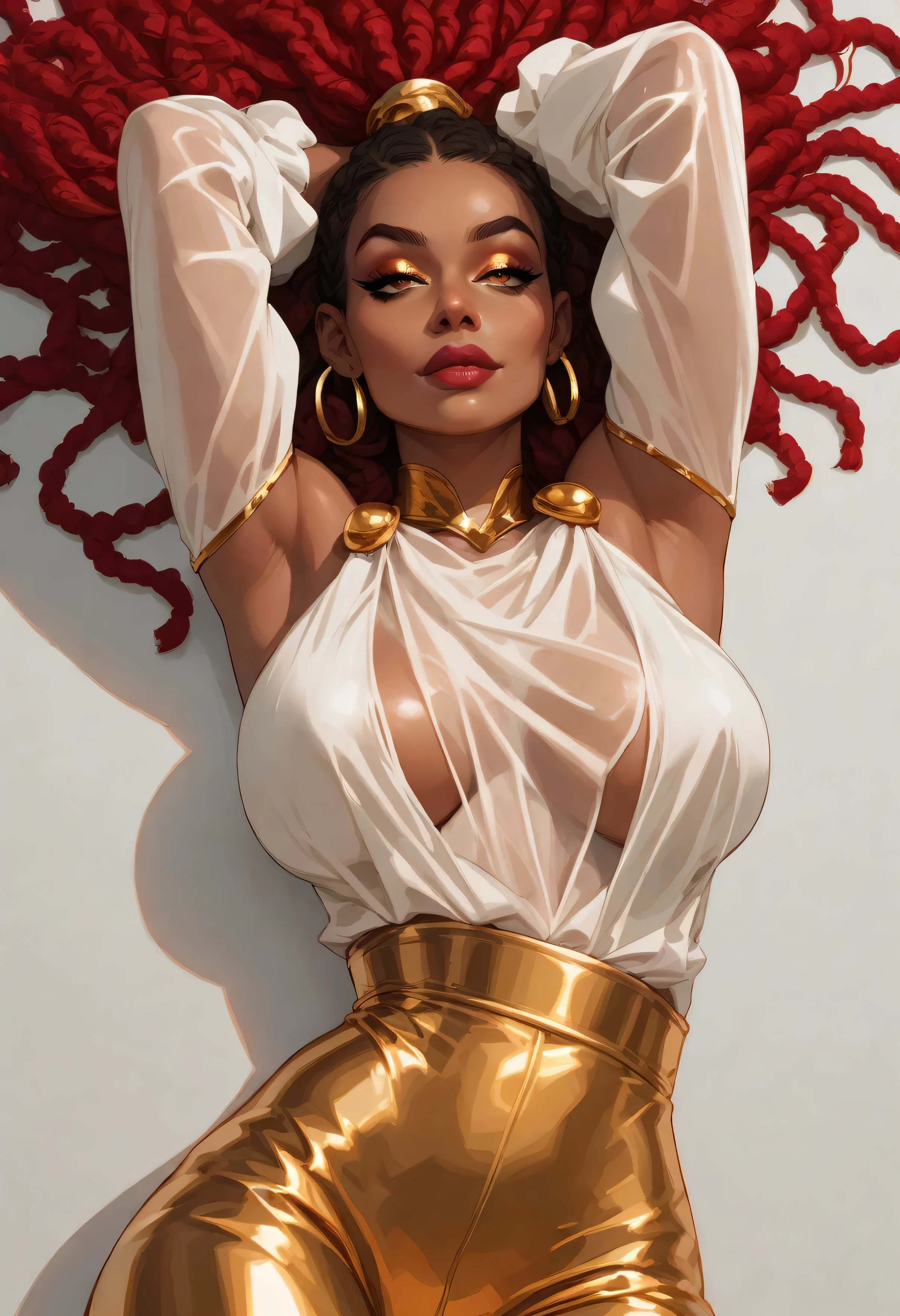 ((Gold Loose Fit Outfit. Red See-through Clothes)). Seductive milf. Dreadlocks with Red highlights. Intricate Clothes. Dark skin. Amber eyes. Flawless appearance. dnd character.  dnd. ((Laying down with head hanging off edge)), busty, Seductive big lips, ((Eye Focus, Breast Focus, lip Focus)), white background