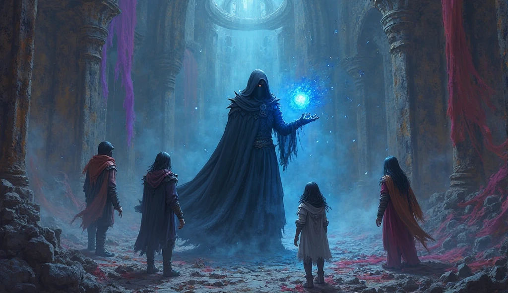 Make an illustrative image of the appearance of the Chandrian, from the fictional fantasy series called "o Matador de Reis". The blue fire and the presence of a child Kvothe being present.