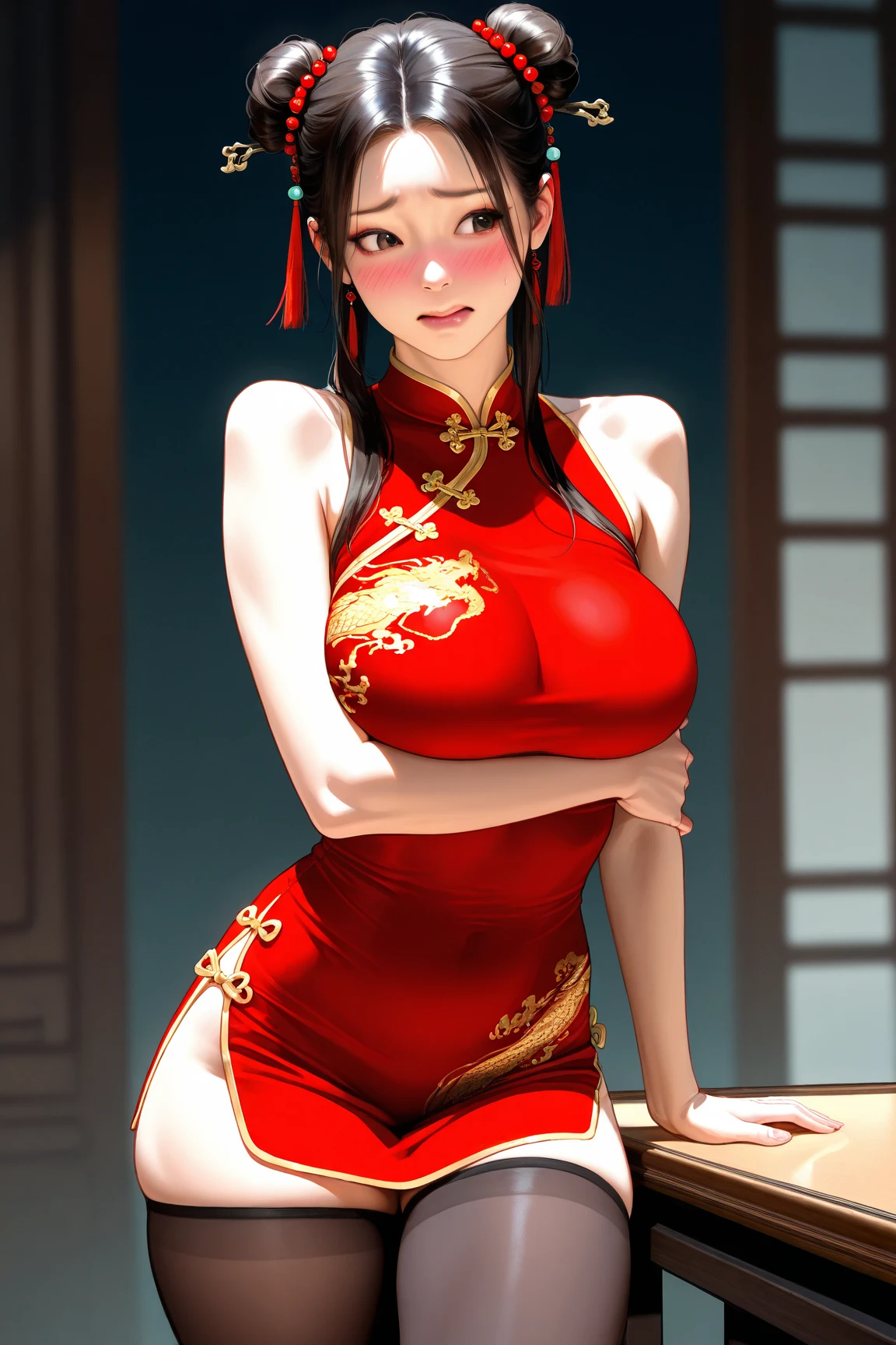 Asian woman in a red cheongsam, muscular, kung fu pose