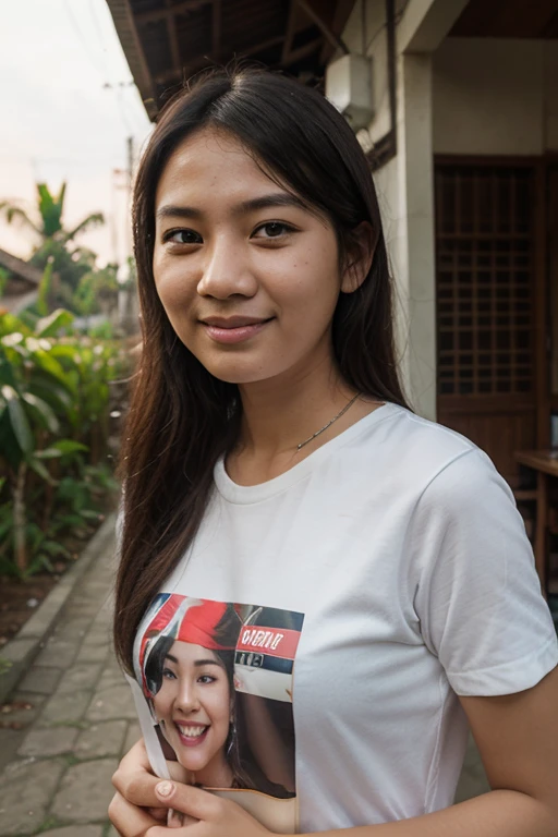 A beautiful 25-year-old woman from Indonesia, with long flowing black hair, pure white skin and shine, wearing a white t-shirt soaked in rainwater that says ((yusrin)) while smiling intimately, the background of the flower garden that has her lake, there are several swans in the lake, hyper realistic, hyper detailed, 16 k, wide viewing angle, ultra HD, photography