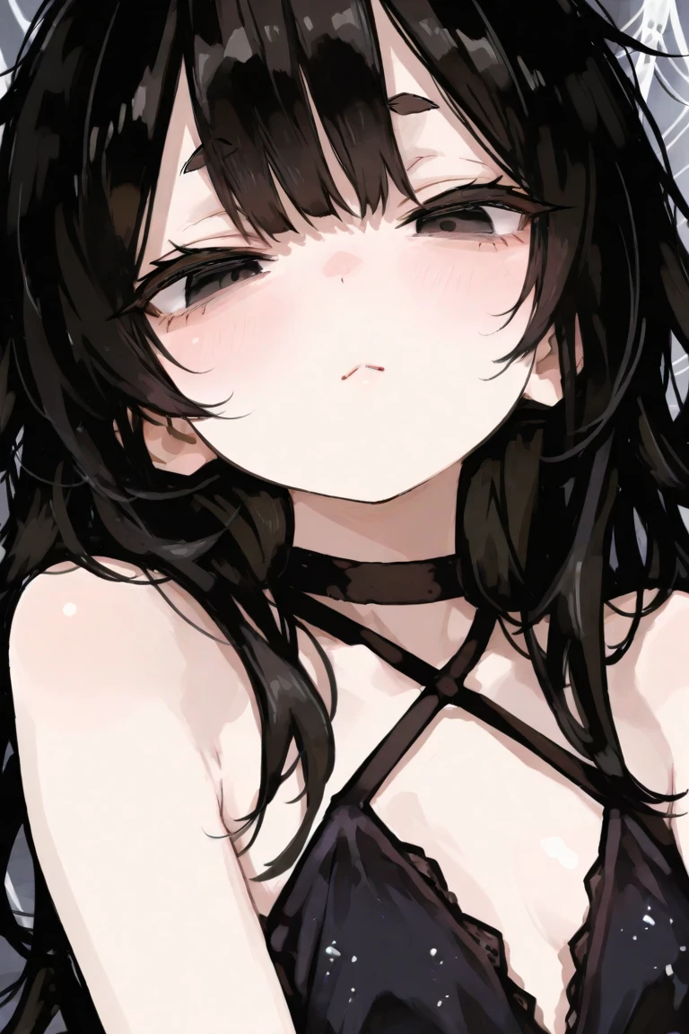 Hands behind back,side view,eye-level shot,face focus,open mouth,tongue out,cum on tongue,lick,(1girl,Beautiful 16 year old girl),((Slender,Small breasts,Baby Face,Small face,)),looking at viewer,Black Hair,bangs,two side up,Gray Eyes,Drooping eyes,slit pupils,narrow eyes,Sheer black and light pink negligee,Sexy Lingerie,Black collar with leash,Beautiful and detailed anime art,Mischievous smile,Dimly lit room,Simple Background,Gray background,Low lighting