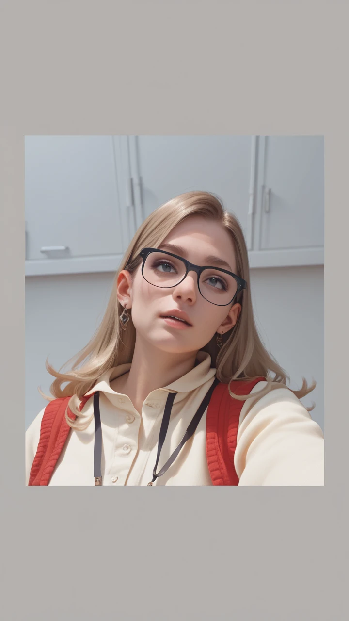 girl blond blue eyes red glasses computer
