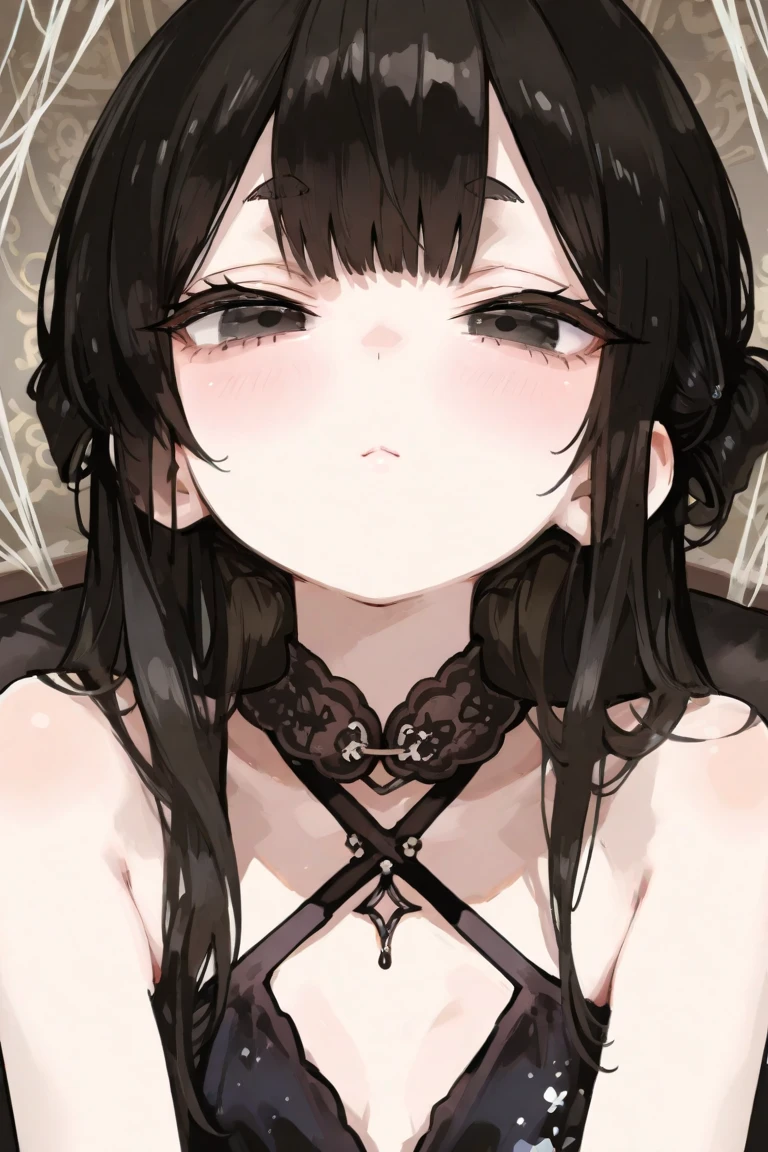 ((masterpiece, Best Quality, Extremely Detailed, Ultra Quality, 4k, huge file)), Kuroka Toujou, 1girl, breasts, animal ears, solo, black hair, cat ears, large breasts, hair rings, long hair, makeup, slit pupils, upper body, yellow eyes, anime coloring, sash, lipstick, (((nsfw, pov, fellatio, breast fellatio, perfect breast, penis in mouth, cum in mouth))), surreal contrast, striking visuals, artistic abstraction, delicate craftsmanship, shadow play, depth and dimension, ephemeral beauty, crystalline textures, delicate craftsmanship, (((BREAK yellow eyes, eyes, detailed eyes))), (((simple black background)))