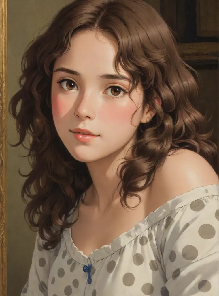 1girl, beautiful teenage girl, very small breasts, short wavy brown hair, portrait, oil painting, modern, realistic proportions, intricate, intricate details, sharp focus