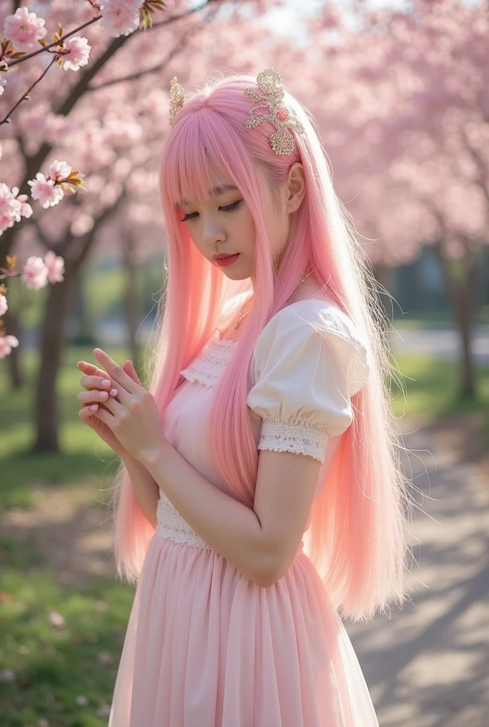 (highest quality, 32k, High resolution, masterpiece:1.5, ), marimo_jet, A swirl of clear air and soft light, A sense of serenity and elusive beauty, Beautiful Japanese Girls, sitting, whole body, ((Absolute area:1.4)), An exceptionally beautiful face, Small Face Beauty, Perfect Human Anatomy, Magical big eyes, Motherhood and generosity, Deep Love, Fleeting Expression, ((Shiny pink gold hair:1.3), (Beautiful super long straight silk hair)), Asymmetrical bangs, Hair between the eyes, Transparent, soft white skin, Sharp eyebrows, Thin lashes, Natural Makeup, Cheek highlighter, Pale pink detailed lips, , ((Elegant black floral dress:1.2)), Beautiful collarbone in high resolution, High resolution beautiful bust, Slim figure with ample breasts, High resolutionの美しい太もも, ((Spring plateau)), Colorful flowers, Soft sunlight, Beautiful grasslands stretching to the horizon, Blue sky, Professional Lighting, Professional photographer, Professional models, mysterious