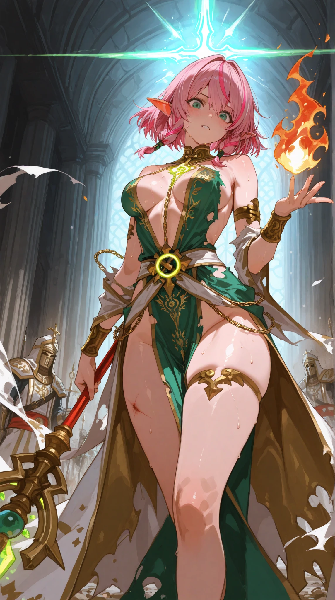 warrior queen, short black hair, tanned skin, wide hips, Big bust, with wooden mallet, Dressing: plume with green feathers, gold earrings, bad cut leopard bikini, leather huaraches, war makeup.