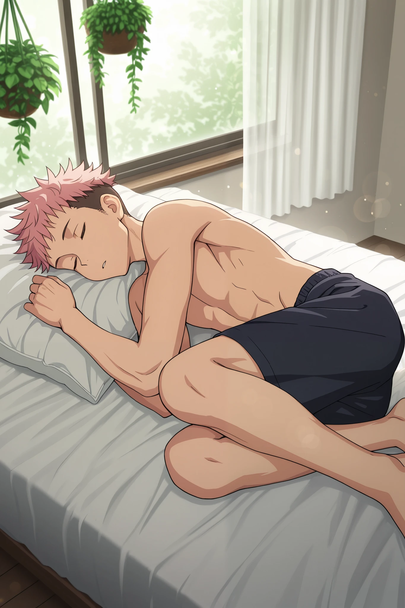 (Masterpiece, absurdres, top quality) 1boy, solo, maturemale, yuuji_itadori, pink hair, brown eyes, short hair, undercut, spiked hair, bedroom, big window pane, white thin curtains, nice scenery, hanging plants, (day), ambient lighting, dust bokeh, laying on bed, sleeping, fetal position, baggy short shorts, shirtless, high angle, anime art style