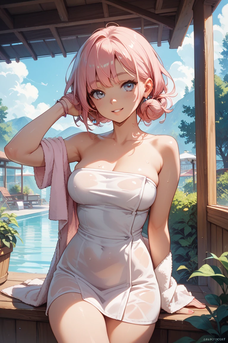 (masterpiece:1.2, best quality), (1lady, solo, upper body:1.2), Clothing: white bikini, wide-brimmed hat, strappy sandals, Accessories: shell necklace, tinted sunglasses, Hair: loose beach waves, pink hair, Makeup: natural, glowing skin, Behavior: relaxed, carefree, free-spirited, Location: beach, resort, outdoor festival, purple eyes, average breasts, soaking wet, (beautiful detailed face, beautiful detailed eyes), (sunbeam, sunlight, rose, wind)
