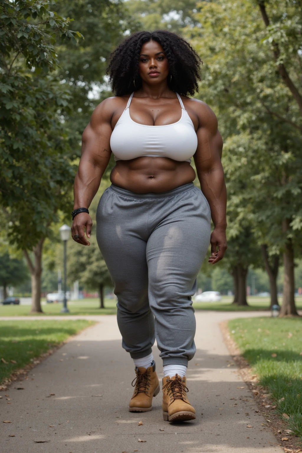 (masterpiece:1.2), (best quality:1.2), ((only one person:1)), {full body image:1}, (huge breasts:1.3), black woman, black hair, dreadlocks, Happy smile, realistic and detailed hands, realistic and detailed face, realistic and detailed tooth, realistic and detailed foots, realistic and detailed face, aviator sunglasses, park, walking on the trail, dark green short dress, (muscular:1.5), muscle,
