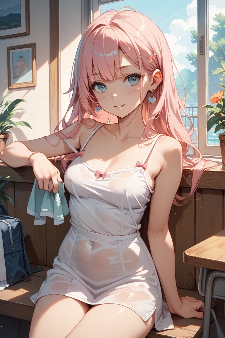 Beautiful illustration, Best Quality, (12-year-old) (Beautiful thighs)、(Gap between thigh) Long crimson double-sided upholstery, Beautiful blue eyes, Cinematic lighting, Euphoric smile,(Long pink hair)、Occipital1Two large black ribbons、Braiding of the back of the head、tilt your head、(cute petit girl:1.4), nude, no clothes, neko girl, l0li, flatchested, flat, flat chested, blushing, open legs