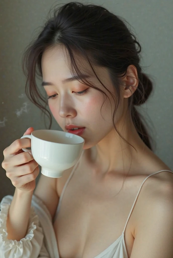 (((best quality))),(((ultra detailed))),(((masterpiece))),illustration,((1 beautiful young girl,solo,)),((slim,thin)),((small breasts,flat chest)),(shoulder length straight bob hair:1.2),(round face:1.2),delicate, sitting on the chair beside the dining table,(strapless lace bra:1.3),luxurious, exquisite, smooth skin, delicate facial features, pouted lips, doll-like appearance,(a cup of coffee:1.3), blinking,((close eyes,open mouth,female orgasmic,blush,ahegao, tongue sticking out)), exhaling, soft light, warm glow, pitch-black kitchen, dim light, eerie atmosphere, mysterious, soft hum, air conditioner, ticking clock, tranquil, ominous, otherworldly feel,darkness, loneliness, unaware, world outside,(from front,close-up of face),(night scene:1.5)