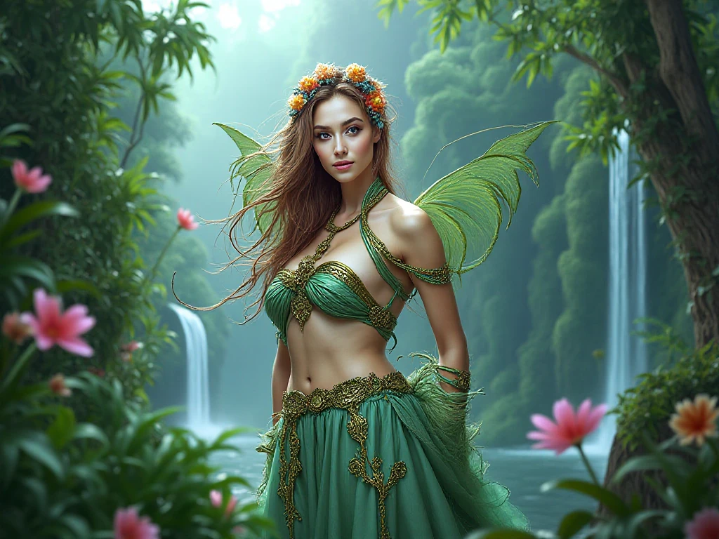 ((realistic:1.5)),((best quality)), ((masterpiece)),((detailed)), (1girl), a beautiful female (upper body:1.3),super-wide-angle lens, face focus, toned muscles, long legs, barefoot, slim thighs, narrow hips, green eyes, long eyelashes, small breasts, (perfect detailed face, perfect beautiful eyes, detailed clothes features, night background:1.3), (Normal skin, black bob hair, outlined eyes, outlined face, bracelet, Full body), wearing green fairy dress, posing in a garden, pool, waterfalls, night sky, best shadow, bright details, sharp, perfect composition, Intricate, Sharp focus, dramatic, by Julie Bell, by Olivia De Berardinis, by Luis Royo, by Boris Vallejo