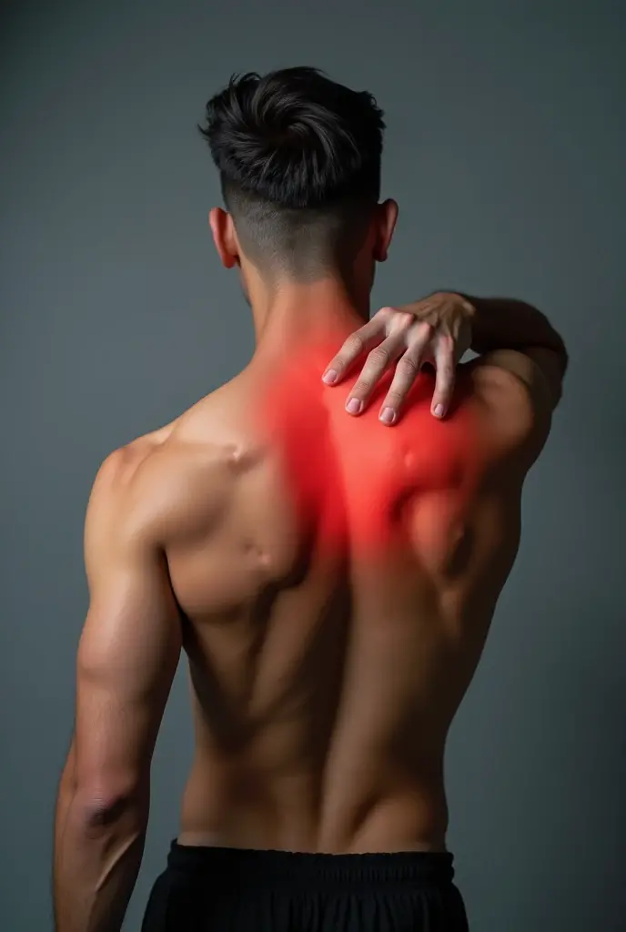 person with painful shoulder in the shoulder protection position, the person is facing the camera, his shoulder is forward and his elbow is semi-flexed