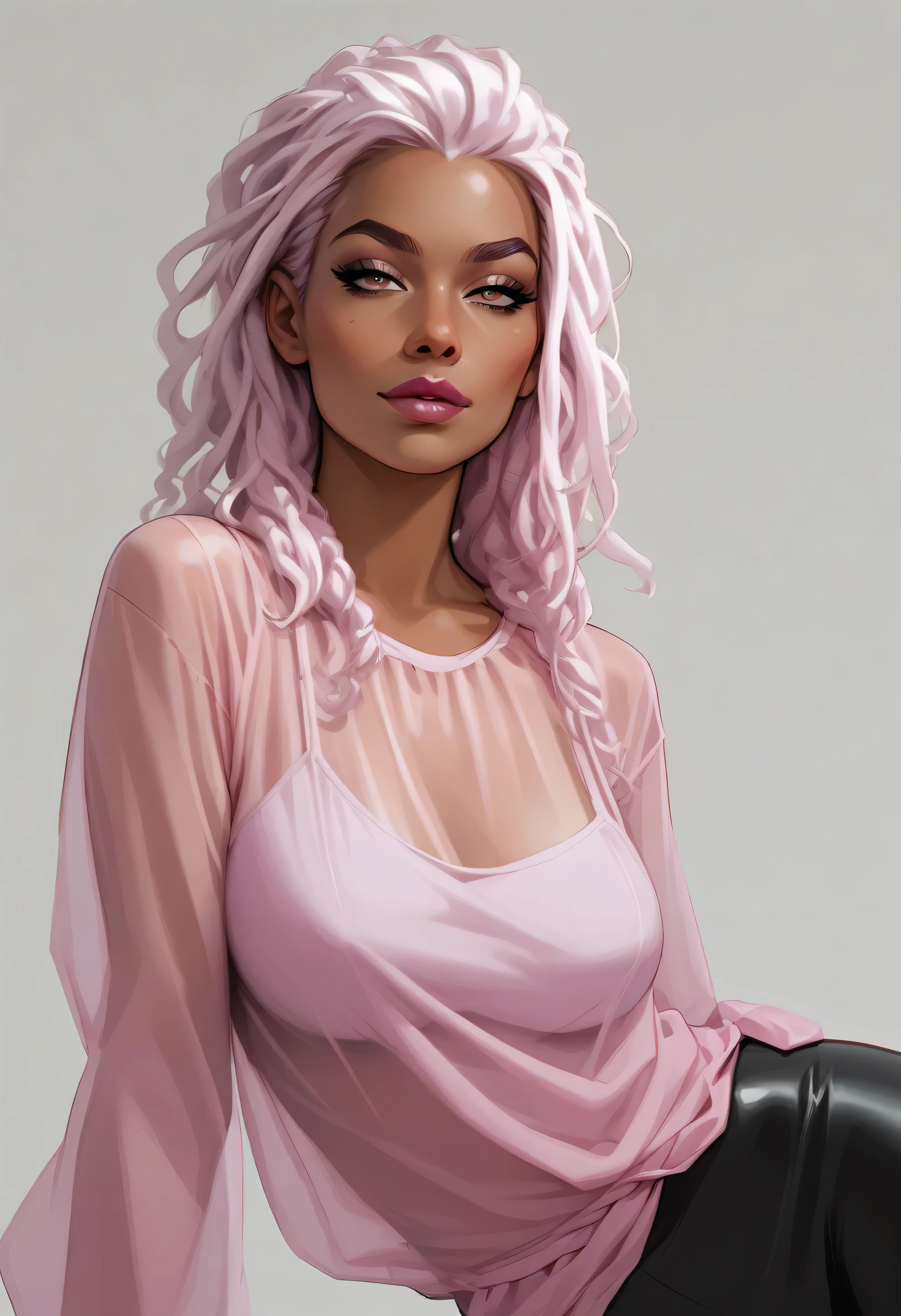 ((Black Loose Fit Outfit. Magenta See-through Clothes)). Seductive milf. Dreadlocks with White highlights. Intricate Clothes. Dark skin. Amber eyes. Flawless appearance. dnd character. dnd. ((Laying down with head hanging off edge)), busty, Seductive big lips, ((Eye Focus, Breast Focus, lip Focus)), white background