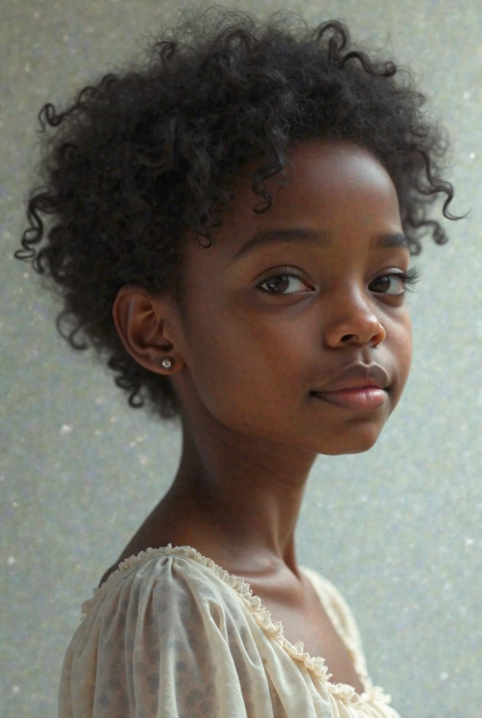 Fashion photography of children, white dress, strong sense of design, medium shot, 8-year-old girl, African black-skinned little girl, short hair, hair accessories, delicate skin, cute and lively, simple background, high texture, backlight, professional studio light