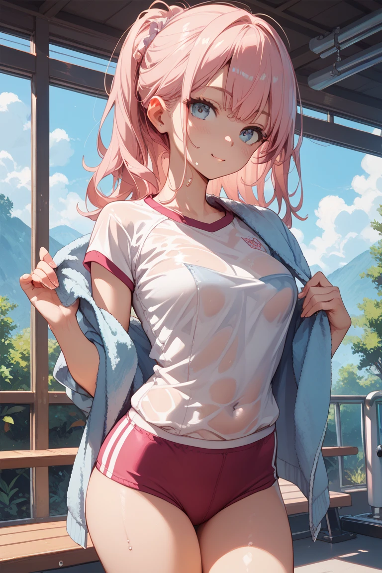 2d, masterpiece, best quality, anime, highly detailed, cowboy shot, 1girl, solo, fujiwara chika, blue eyes, pink hair, hair bow, black bow, gym shorts, sport shorts, shorts for woman, running shorts, casual sportshorts, shirt, sport shirt, oversized shirt, large oversized shirt, big breasts, huge breasts, high quality, 8k, best picture, detailed, high resolution, best pictrure, photo realistic, beautiful image, best image