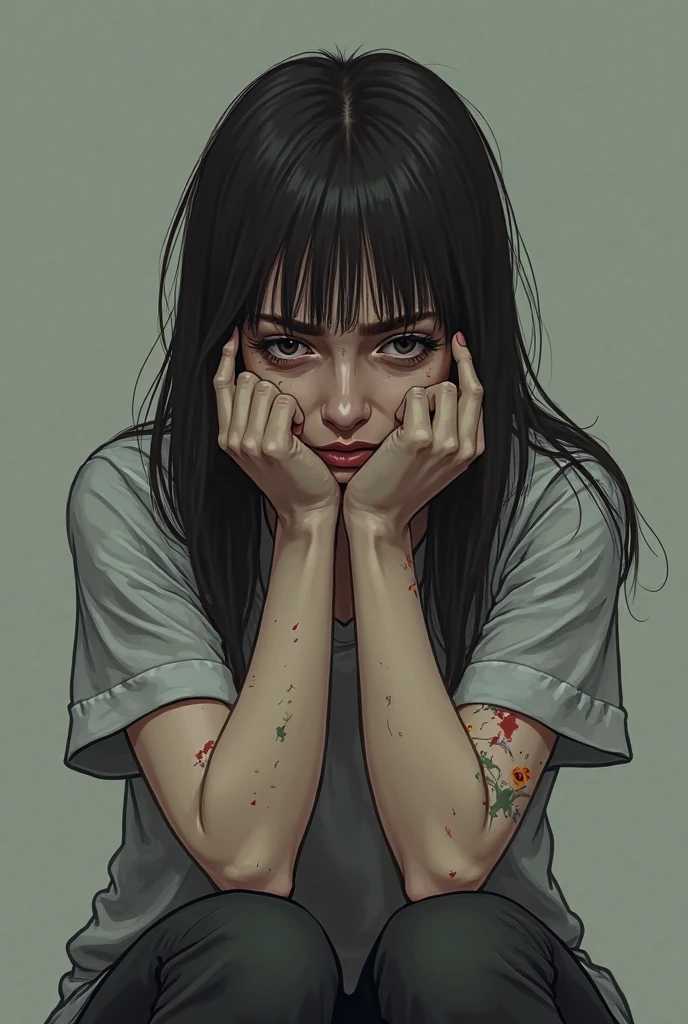 

girl  with long straight hair lying down in a street with arms stretched overhead handcuffed, wearing a sleeveless fitted polo shirt,