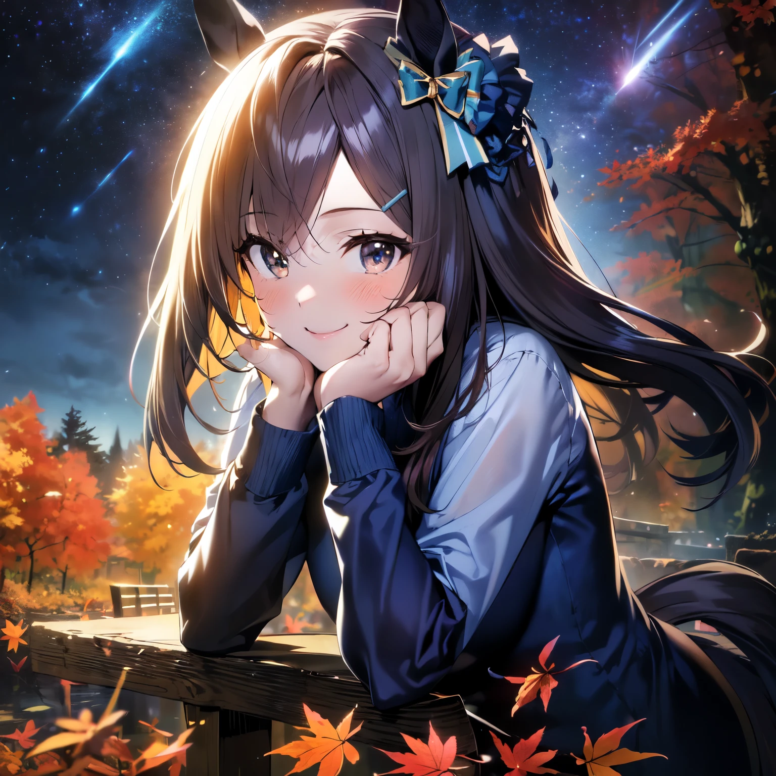 (Solo: 1.5), (Young human girl: 1.5), (Cute horse ears: 1.9), (Horse tail: 1.9), (Round face: 1.9), (Large breasts), (Looking at camera), (Smiling sweetly: 1.5), (Hair blowing in the wind), (Dark blue long sleeve lace dress: 1.9), (Black pantyhose), (Blushing), (Leaning forward: 1.5), (Dark background, autumn leaves, autumn forest, starry sky: 1.5), (Strong wind), (Accurate human anatomy: 1.5), (Animated illustration: 1.5), (Excellent, high quality, high resolution), (Upper body close-up: 1.5)