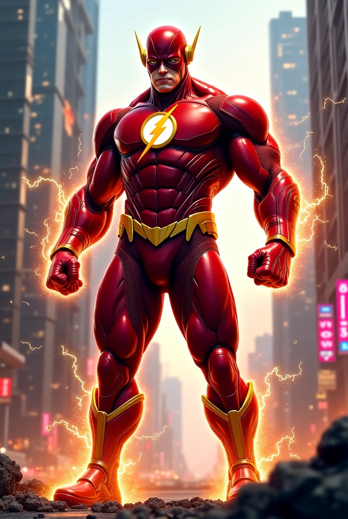 (best quality,4k,8k,highres,masterpiece:1.2),ultra-detailed,(realistic,photorealistic,photo-realistic:1.37),bright vibrant colors,studio lighting,physically-based rendering,pose:running,jumping,speed,crimson red,electric blue,reflective surfaces,shiny metallic texture,fluttering cape,superhero,intricate details,fierce expression,bold lines,action-packed,comic book style,mask:full-face coverage,sleek design,index finger pointing forward,sparkling lightning bolts,exaggerated muscle definition,sharp focus,high-tech,heroic stance,striking contrast,energy crackling,superhuman speed,heroic proportions,red and yellow lightning effects,explosive background,cityscape at night,energetic aura.