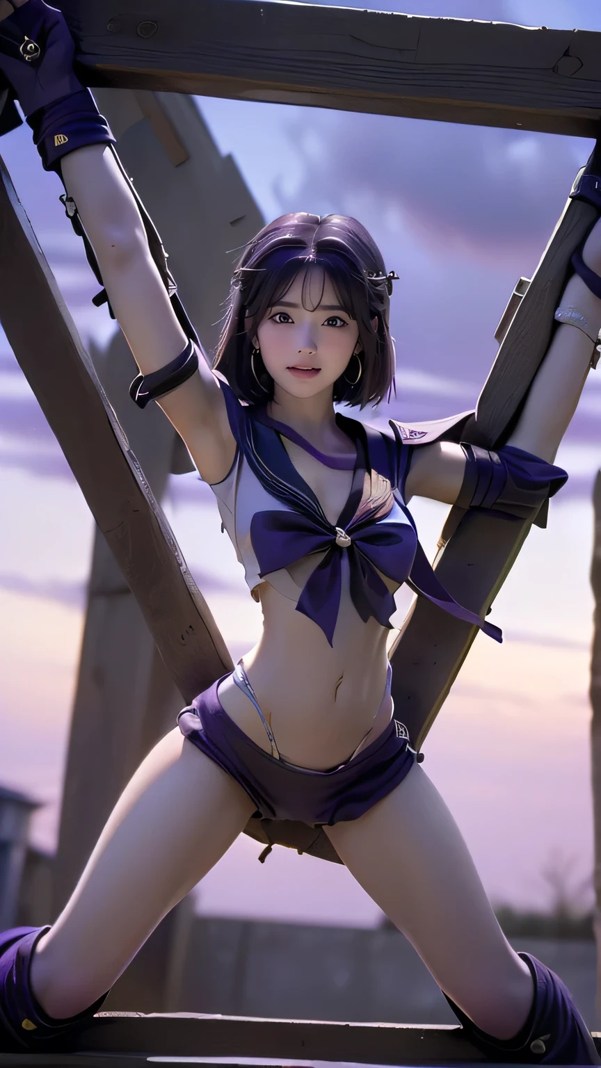 ((( top quality ))), (( masterpiece)), ( details),((( A lot of men are on the train ))), (((((( HotaruTomoe, (sailor Saturn , purple hair, short hair, elbow gloves, neck ribbon, bangs, long hair, circlet)))))))), ((( slender body, big breast , Big Breasts,cleavage, Cleevidge, thick thighs, ))), (( Cameltoe)),(( growing skin, white skin, growing skin)), Mysterious Light, ((( well-prepared face about the middle of leg opening ))), (( big eyes)), (((((( droopy eyes )))))), (( random angle )), Fully effective , eyeshadow , pink cheeks, earrings, necklace,((((Crucifixion by the X-pillar, in stocks pose,Full body with handcuffs , from behind,from below,low angle)))),