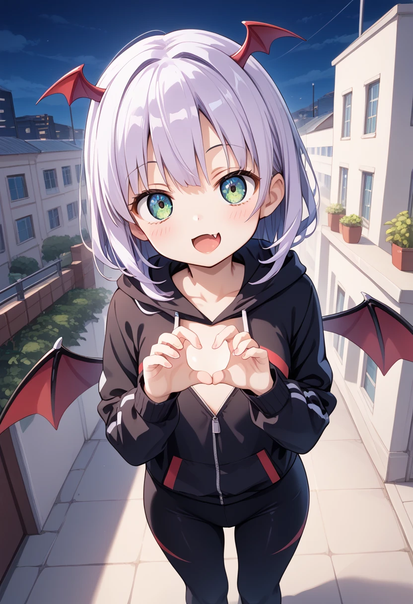 (masterpiece, best quality:1.5), (highres, ultra detailed, unity 8k wallpaper, shiny hair, kawaii, 1girl, solo, chibi, (floating, very young child:1.2), red eyes, small corner, demon wings, dress, navel, evil smiling, at night, in the city