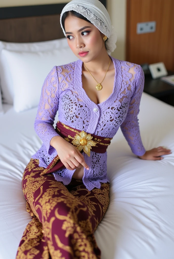 (((holding brochure show to viewers))), Very realistic, Beautiful face, cute, 17 Year old Indonesian woman, (wearing hijab), light purple kebaya, luxury necklace, White Skin, sitting on a chair, terrace, Perfect Portrait, Bokeh Effect, Viewer's View, Perfect Eyes, Perfect Hands, Perfect Fingers, side view, full body shot, highly detailed face, lips, realistic skin, solo, medium breasts, firm skin, puffy, face, masterpiece, best quality, Intricate, High Detail, dramatic, wide view