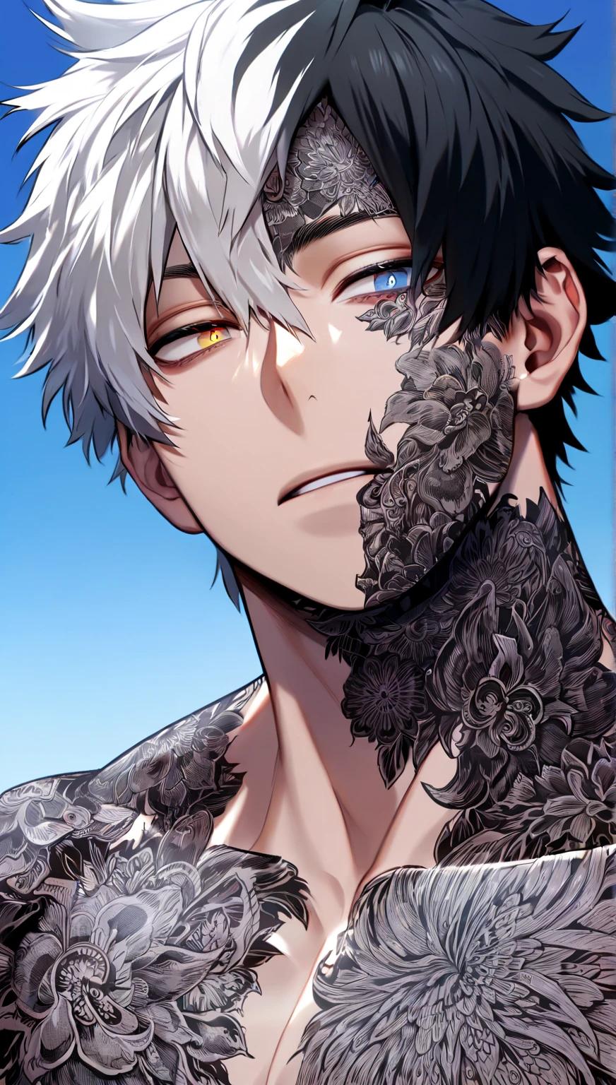 Ultra detailed, Highres, absurdres, HDR, Gojo Satoru, white hair with bangs, expressive blue eyes, hair between the eyes, white eyelashes, black coat with patterns, Jujutsu Kaisen, white shirt, fantasy, glittering purple butterflies, petals, handsome, sexy man, solo, very detailed eyes and face, master piece, toned chest, glittering, purple flowers, sitting, tattoo on his neck