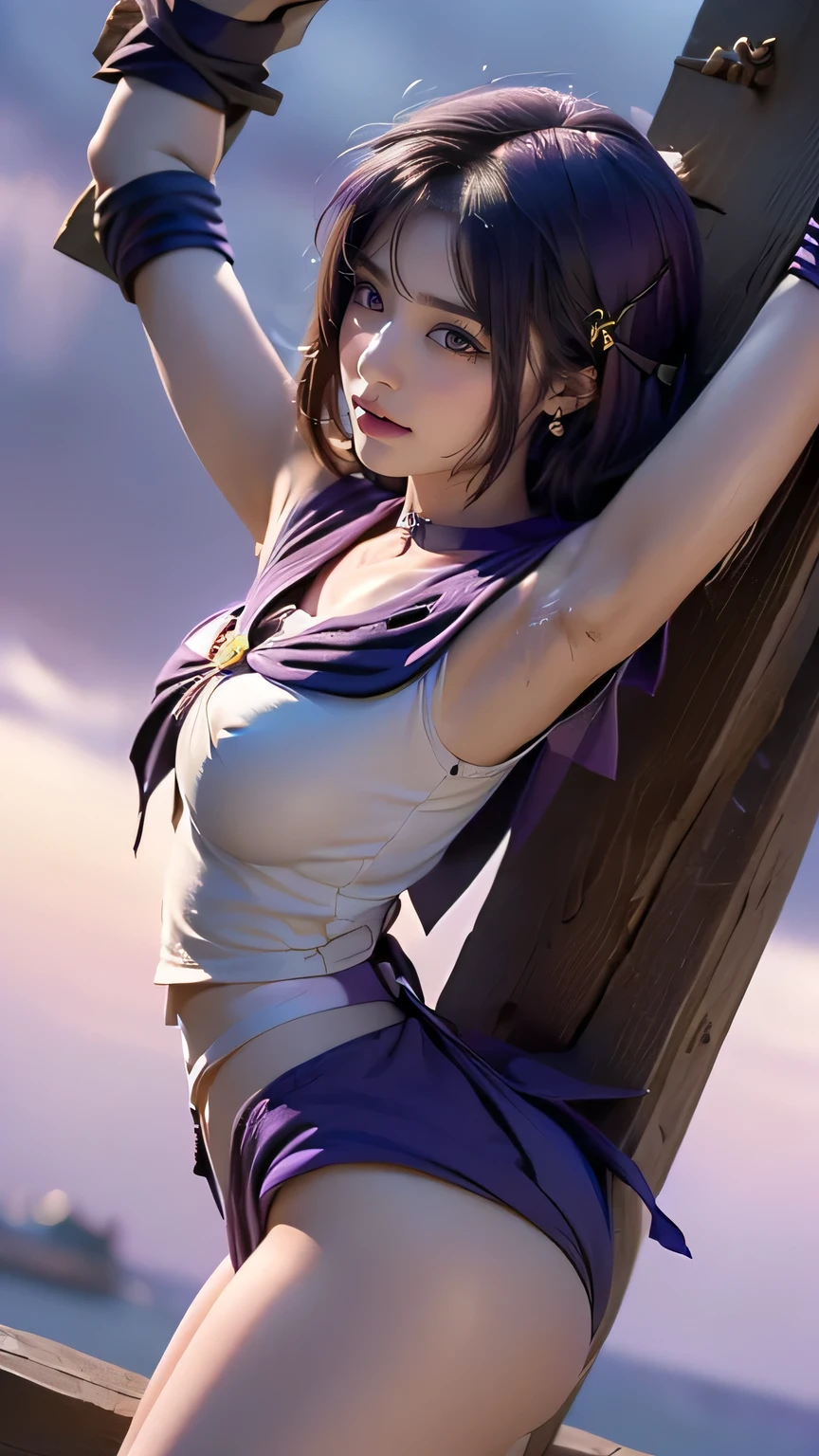 ((( top quality ))), (( masterpiece)), ( details),((( A lot of men are on the train ))), (((((( HotaruTomoe, (sailor Saturn , purple hair, short hair, elbow gloves, neck ribbon, bangs, long hair, circlet)))))))), ((( slender body, big breast , Big Breasts,cleavage, Cleevidge, thick thighs, ))), (( Cameltoe)),(( growing skin, white skin, growing skin)), Mysterious Light, ((( well-prepared face about the middle of leg opening ))), (( big eyes)), (((((( droopy eyes )))))), (( random angle )), Fully effective , eyeshadow , pink cheeks, earrings, necklace,((((Crucifixion by the X-pillar, in stocks pose, from behind,low angle)))),