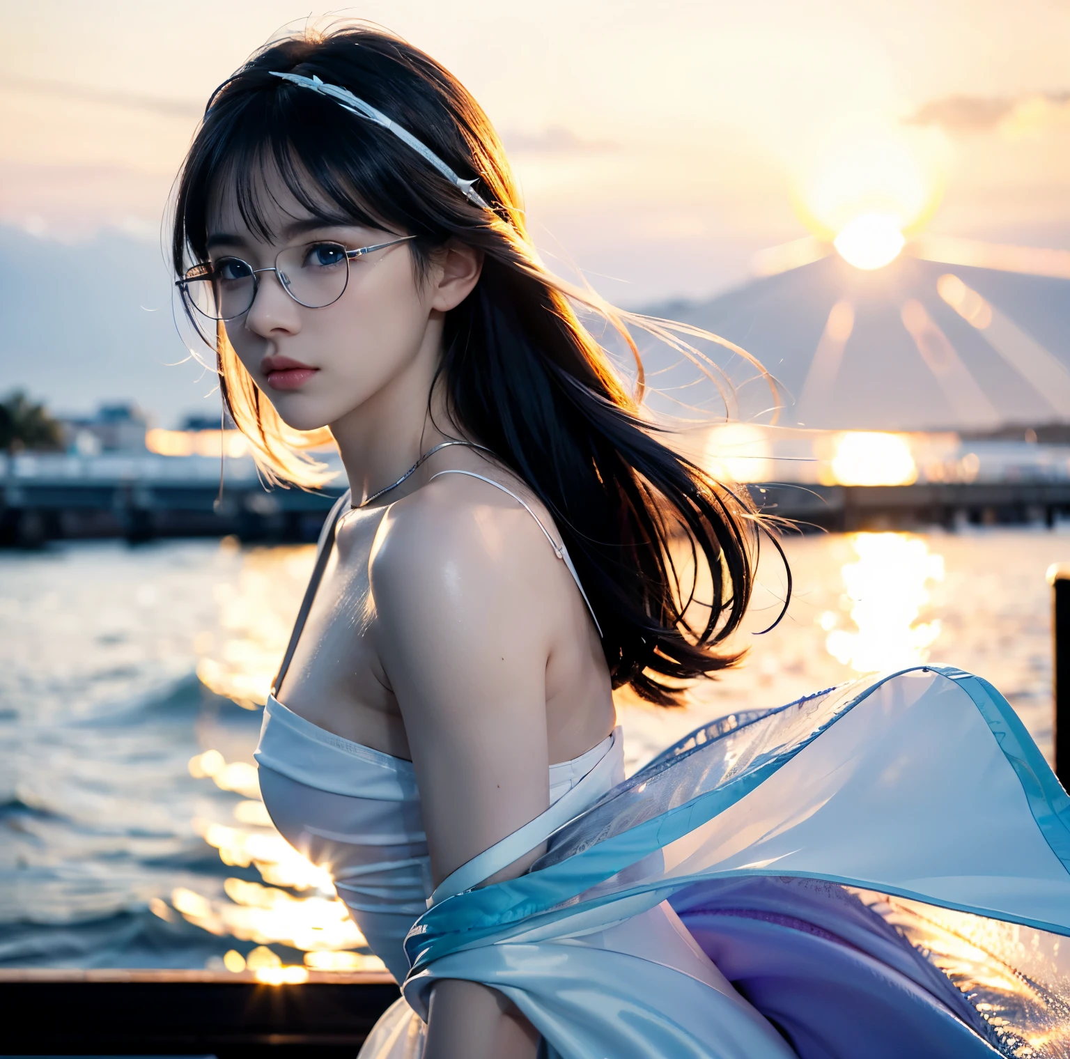 8K quality, pictures, Two beautiful men and beautiful women, Beautiful like a goddess, The backlight of the intense sunset is dazzling, Above chest, (Clothes with no exposure at all:1.2), (Fine silver glasses:1.2), (Brilliant, beautiful, bright blue eyes:1.2), (Beautiful hair blowing in the wind), (White Porcelain Whitening Skin), Half up with bangs, Big Breasts, Photograph, 