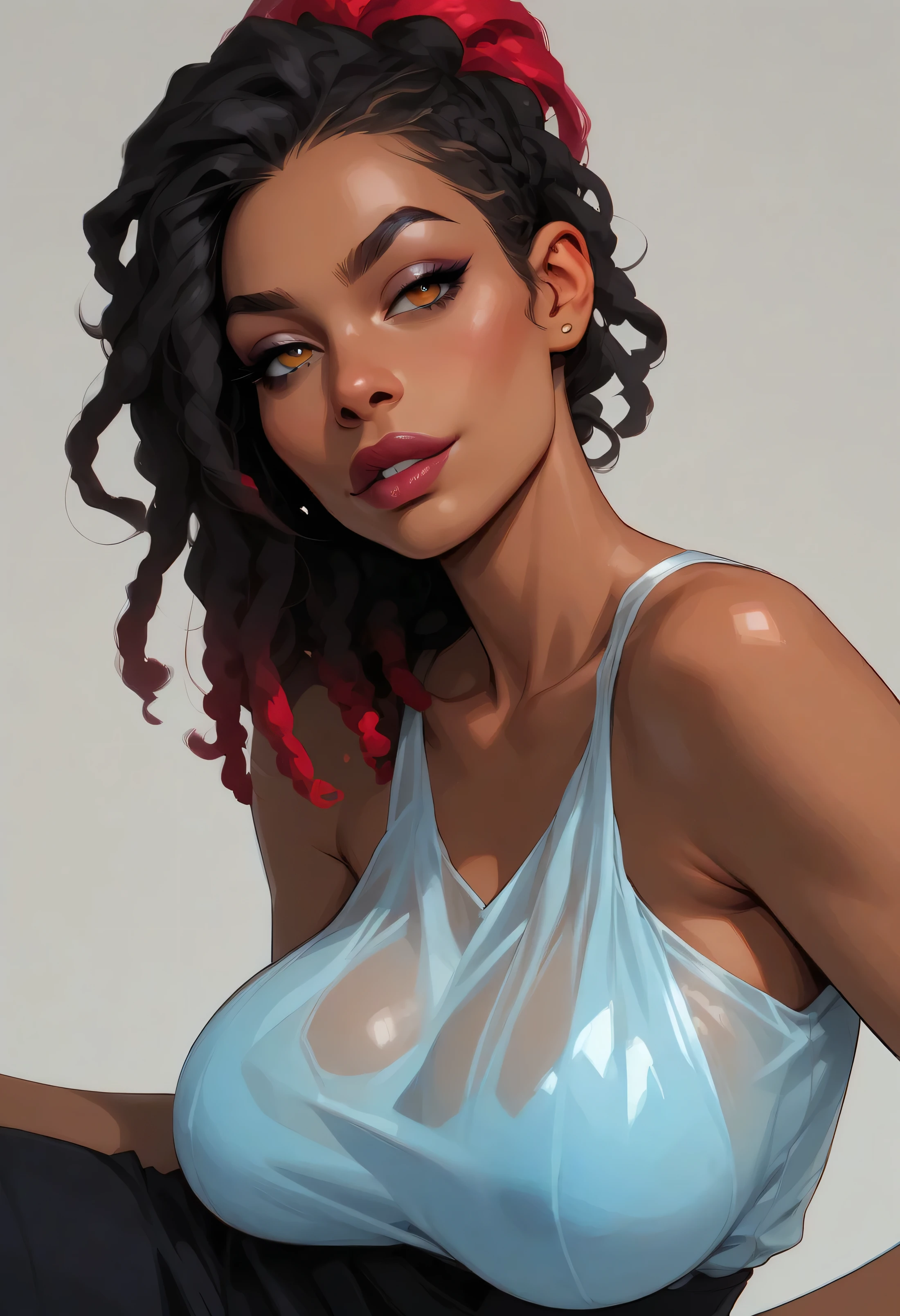 ((Black Loose Fit Outfit. Blue See-through Clothes)). Seductive milf. Dreadlocks with Red highlights. Intricate Clothes. Dark skin. Amber eyes. Flawless appearance. dnd character.  dnd. ((Laying down with head hanging off edge)), busty, Seductive big lips, ((Eye Focus, Breast Focus, lip Focus)), white background