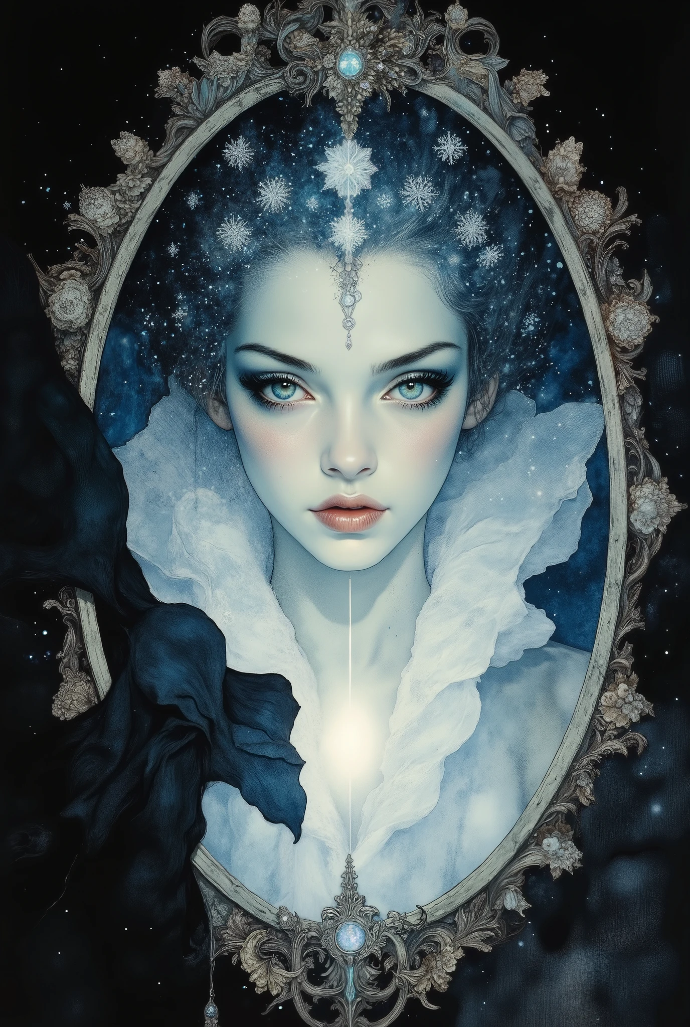 A dreamlike long shot cowboy shot captures the enigmatic White Queen from Lewis Carroll's whimsical world of Wonderland. Kissing her reflection in a crystal mirror, Snowflake crystals delicately adorn her forehead, shining with an ethereal glow. Her porcelain skin is rendered in soft focus, while her piercing eyes seem to hold secrets and mysteries within their depths. The surrounding darkness serves as a striking contrast, emphasizing the queen's mystical aura.,FluxBoost,snow-crystals